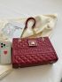 Quilted Pattern Square Bag Letter Embossed Turn Lock