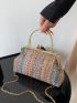 Small Straw Bag Colorblock Striped Pattern Kiss Lock