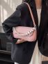 Faux Pearl Beaded Baguette Bag Medium Pink