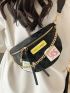 Crocodile Embossed Waist Bag Chain Decor Black