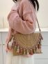 Tassel Decor Straw Bag Medium Flap For Beach Vacation Travel