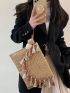 Tassel Decor Straw Bag Medium Flap For Beach Vacation Travel