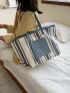 Striped Pattern Shoulder Tote Bag Medium Contrast Binding