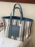 Striped Pattern Shoulder Tote Bag Medium Contrast Binding