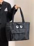 Large Shopper Bag Cartoon Eyes Decor Pocket Front