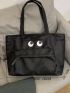 Large Shopper Bag Cartoon Eyes Decor Pocket Front