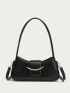 Black Baguette Bag Fashionable Metal Decor PU