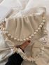 PU Ruched Bag Faux Pearl Beaded White PU Fashionable