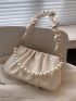 PU Ruched Bag Faux Pearl Beaded White PU Fashionable