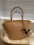 Oversized Straw Bag Pompom Decor Brown Vacation Beach Bag