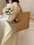 Oversized Straw Bag Pompom Decor Brown Vacation Beach Bag