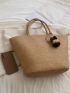 Oversized Straw Bag Pompom Decor Brown Vacation Beach Bag