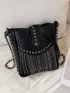 Mini Square Bag Studded & Fringe Decor PU