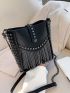 Mini Square Bag Studded & Fringe Decor PU