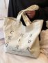 Letter Embroidered Shopper Bag Preppy Polyester