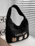 Rabbit & Letter Embroidered Hobo Bag Black