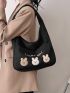 Rabbit & Letter Embroidered Hobo Bag Black