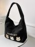 Rabbit & Letter Embroidered Hobo Bag Black