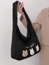 Rabbit & Letter Embroidered Hobo Bag Black