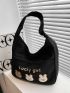 Rabbit & Letter Embroidered Hobo Bag Black