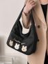 Rabbit & Letter Embroidered Hobo Bag Black