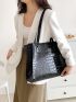 Black Shoulder Tote Bag Crocodile Embossed Double Handle PU