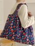 Oversized Shopper Bag Strawberry Pattern Contrast Binding Preppy