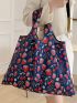 Oversized Shopper Bag Strawberry Pattern Contrast Binding Preppy