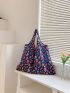 Oversized Shopper Bag Strawberry Pattern Contrast Binding Preppy