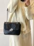 Black Square Bag Metal Decor Chain Flap PU