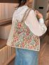 Small Shopper Bag Floral Embroidered Snap Button Double Handle For Shopping