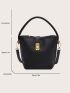 Mini Buckle Decor Bucket Bag Black Litchi Embossed Twist Lock PU