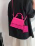 Mini Flap Square Bag Geometric Embossed With Coin Purse Neon Pink