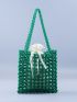 Beaded Design Square Bag With Drawstring Design Inner Pouch