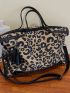 Leopard Pattern Top Handle Bag Tassel & Studded Decor Fashionable