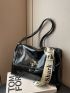 Letter Graphic Belt Decor Shoulder Tote Bag Black