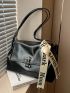 Letter Graphic Belt Decor Shoulder Tote Bag Black