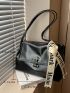 Letter Graphic Belt Decor Shoulder Tote Bag Black