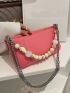 Pink Square Bag Fashionable Bead Decor Chain PU