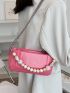 Pink Square Bag Fashionable Bead Decor Chain PU