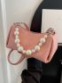 Pink Hobo Bag Fashionable Faux Pearl Decor PU