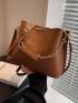 Brown Bucket Bag Fashionable Letter Graphic Chain Decor Adjustable Strap PU