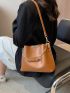 Brown Bucket Bag Fashionable Letter Graphic Chain Decor Adjustable Strap PU