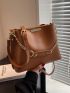 Brown Bucket Bag Fashionable Letter Graphic Chain Decor Adjustable Strap PU