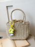 Flower Decor Straw Bag Drawstring Detail Vacation