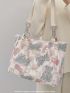 Cartoon Graphic Shoulder Tote Bag Faux Pearl Decor Canvas