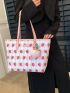 Letter Patch Shoulder Tote Bag Strawberry Pattern With Bag Charm For Daily