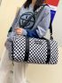 Two Tone Travel Bag Plaid Letter Patch Decor Waterproof