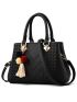 Medium Square Bag Double Handle Tassel & Pom Pom Decor Fashion Style