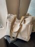 Large Shopper Bag Double Handle Badge Decor Solid Beige